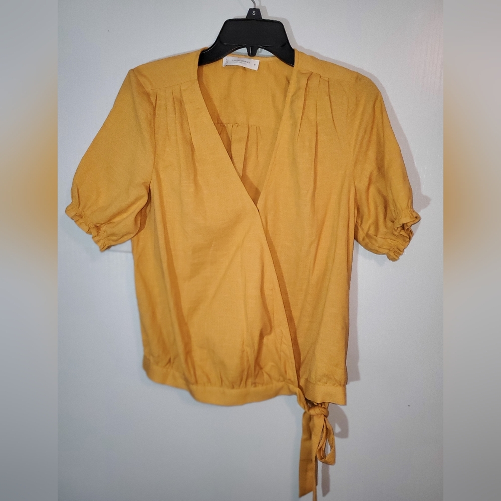 Womens gold size medium puff elastic sleeves lucky brand blouse with tie.